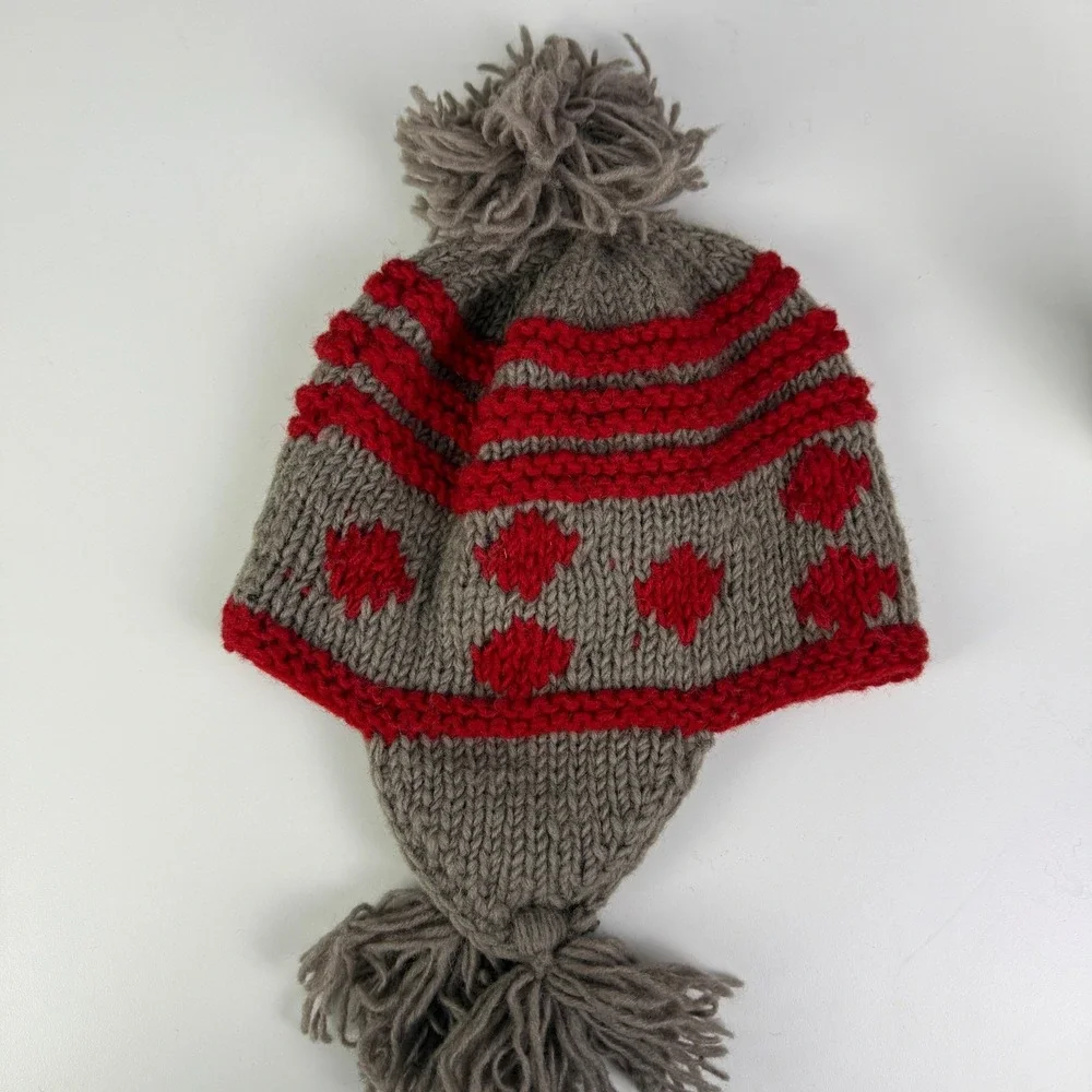 Seasons of Cannon Falls Wool Earflap Hat Red Brown Tassel Pom‎ Pom Winter
